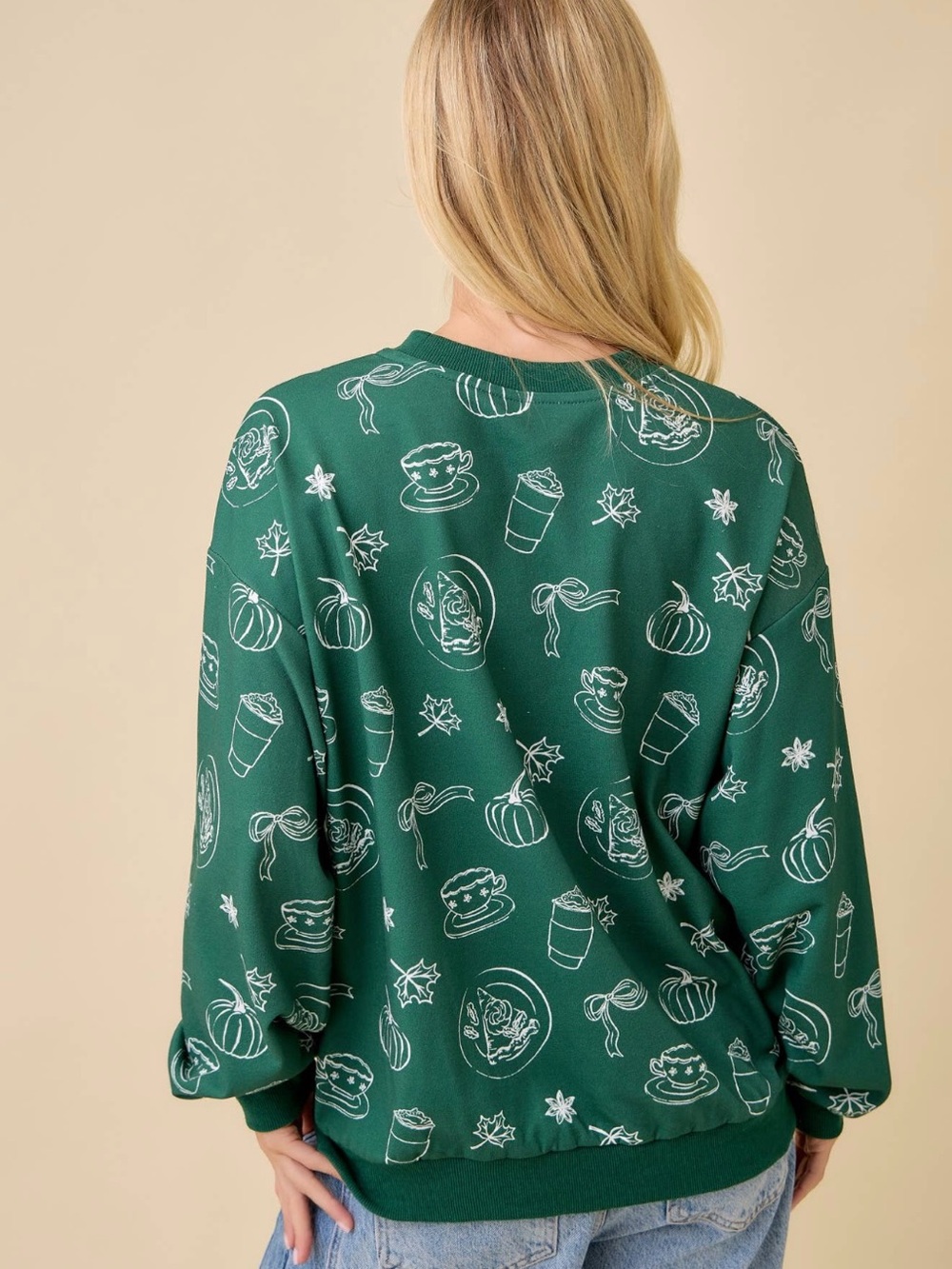 Main Strip Green Pullover Sweatshirt Pumpkin Spice Print Crewneck